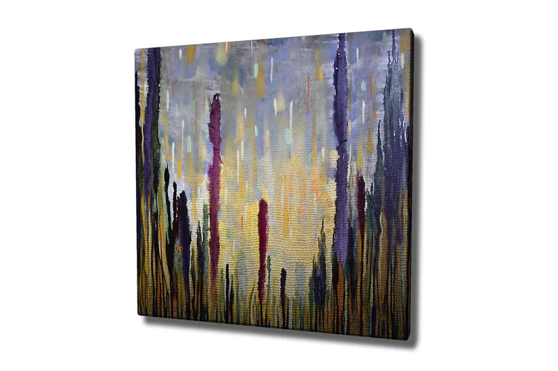 Lærredsbillede - Abstrakt landskab med vertikale former, Lilla / Guld / Grøn