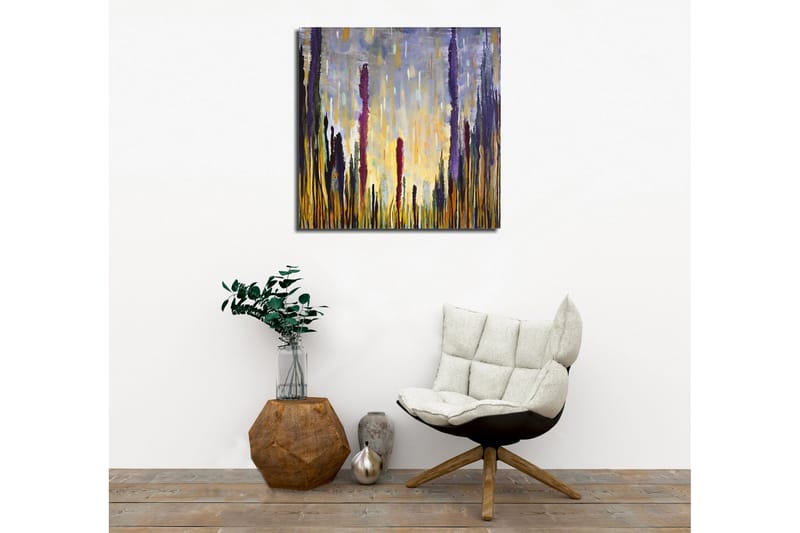 Lærredsbillede - Abstrakt landskab med vertikale former - Lilla / Guld / Grøn - Boligtilbehør - Billeder & kunst - Billeder på lærred