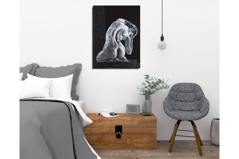 Lærredsbillede - Abstrakt skulptur af en siddende figur med en nøgle på ryggen - Sort / Grå / Hvid - Boligtilbehør - Billeder & kunst - Billeder på lærred