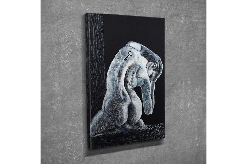 Lærredsbillede - Abstrakt skulptur af en siddende figur med en nøgle på ryggen - Sort / Grå / Hvid - Boligtilbehør - Billeder & kunst - Billeder på lærred