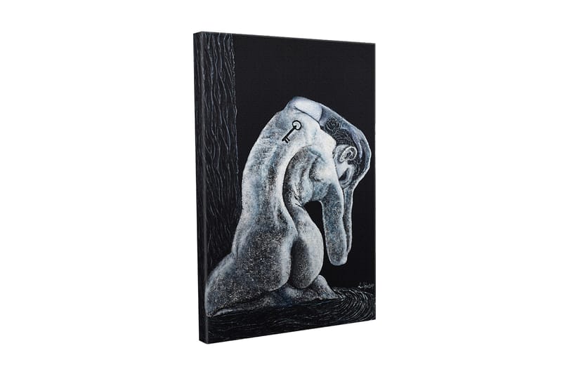 Lærredsbillede - Abstrakt skulptur af en siddende figur med en nøgle på ryggen, Sort / Grå / Hvid