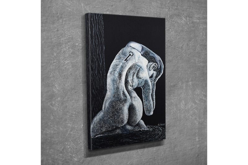 Lærredsbillede - Abstrakt skulptur af en siddende figur med en nøgle på ryggen - Sort / Grå / Hvid - Boligtilbehør - Billeder & kunst - Billeder på lærred