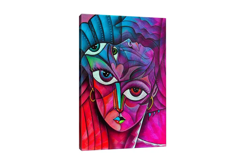 Lærredsbillede - Abstrakt portræt af en kvinde med mange ansigter, Lyserød / Lilla / Turkis