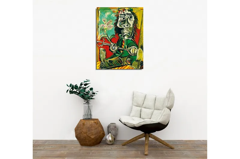 Lærredsbillede - Abstrakt portræt af en mand med blomst og instrument - Grøn / Rød / Sort - Boligtilbehør - Billeder & kunst - Billeder på lærred