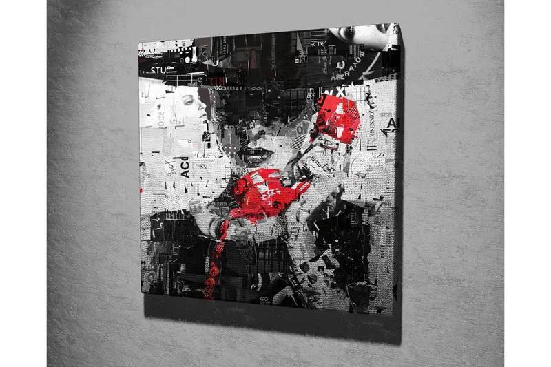 Lærredsbillede - Abstrakt portræt med en rød telefon og grafiske elementer - Rød / Sort / Hvid - Boligtilbehør - Billeder & kunst - Billeder på lærred