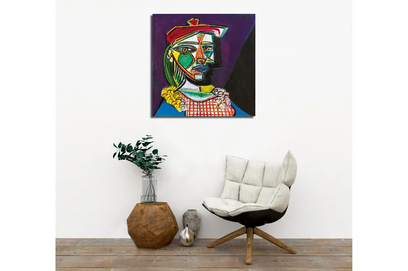 Lærredsbillede - Abstrakt portræt af en kvinde med geometriske former - Grøn / Rød / Lilla - Boligtilbehør - Billeder & kunst - Billeder på lærred