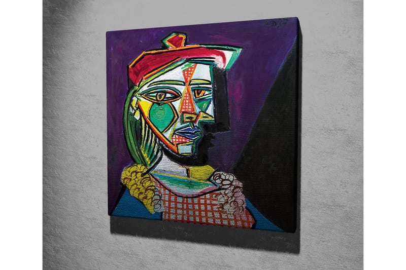 Lærredsbillede - Abstrakt portræt af en kvinde med geometriske former - Grøn / Rød / Lilla - Boligtilbehør - Billeder & kunst - Billeder på lærred