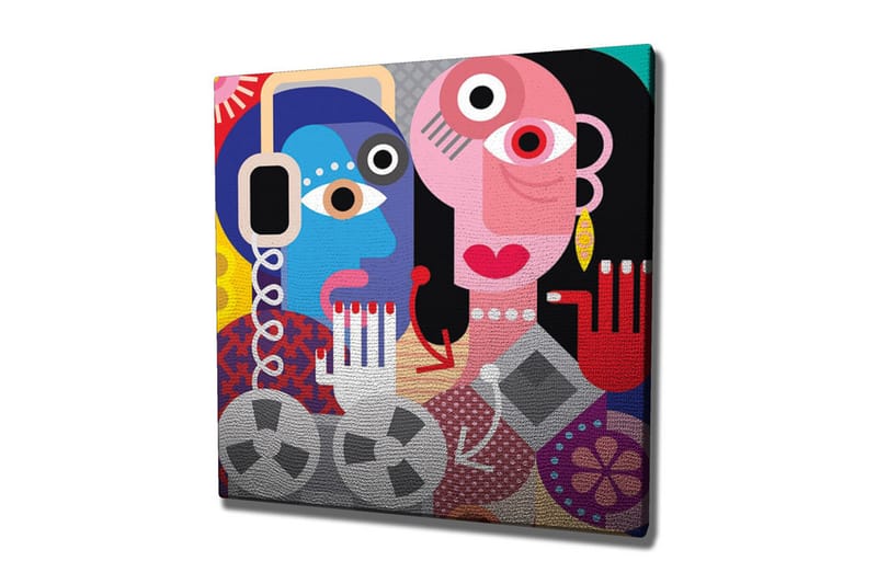 Lærredsbillede - Abstrakt portræt af to ansigter med farverige detaljer, Blå / Lyserød / Rød