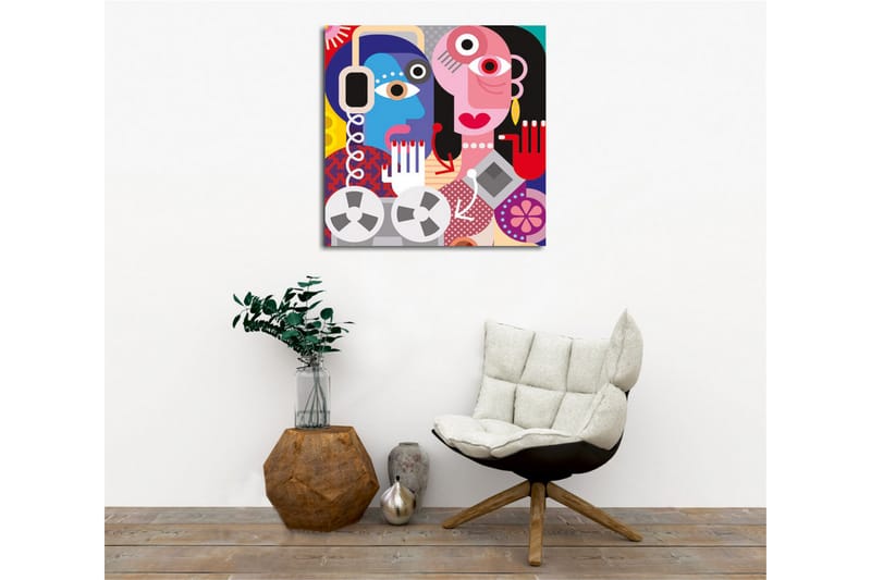 Lærredsbillede - Abstrakt portræt af to ansigter med farverige detaljer - Blå / Lyserød / Rød - Boligtilbehør - Billeder & kunst - Billeder på lærred