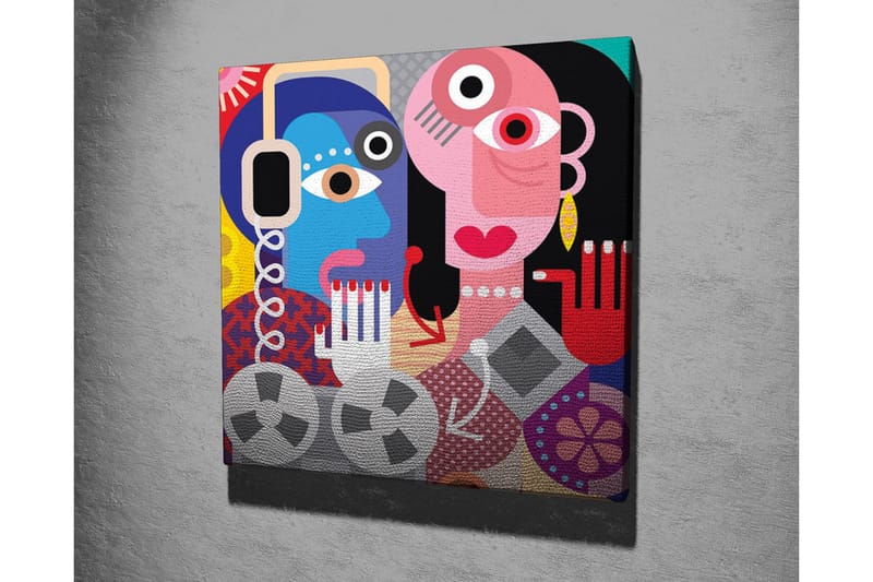 Lærredsbillede - Abstrakt portræt af to ansigter med farverige detaljer - Blå / Lyserød / Rød - Boligtilbehør - Billeder & kunst - Billeder på lærred