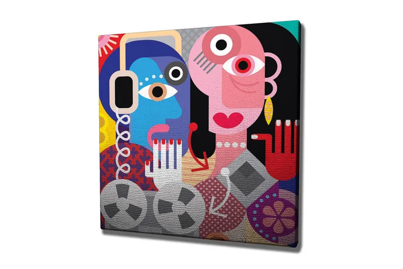 Lærredsbillede - Abstrakt portræt af to ansigter med farverige detaljer, Blå / Lyserød / Rød