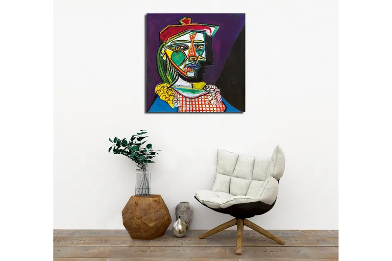 Lærredsbillede - Abstrakt portræt af en kvinde med geometriske former - Grøn / Rød / Lilla - Boligtilbehør - Billeder & kunst - Billeder på lærred