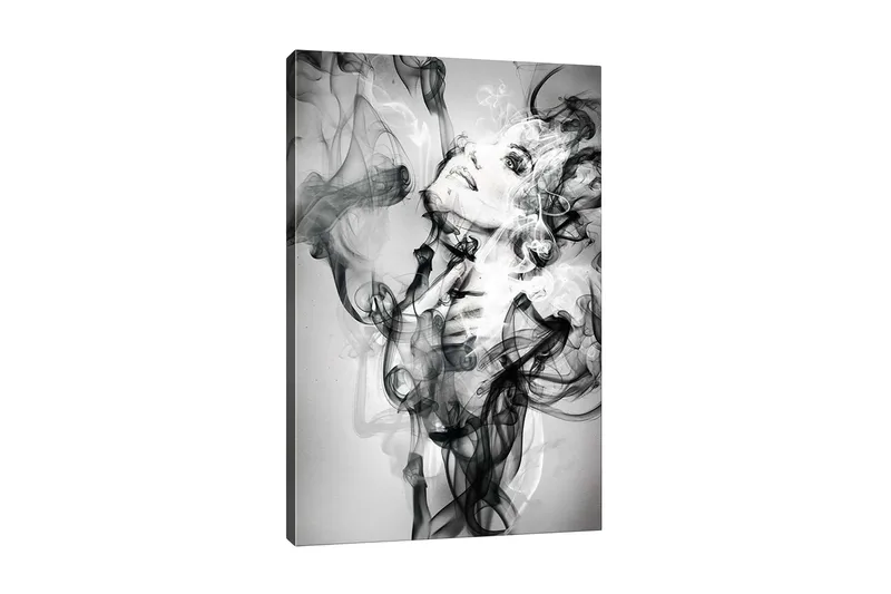 Lærredsbillede - Abstrakt portræt af en kvinde omgivet af røgede former, Sort / Hvid / Grå