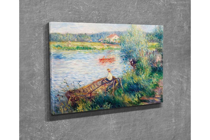 Lærredsbillede - Afslappende scene ved en sø med en person i en båd og omkringliggende grønne områder - Grøn / Blå / Beige - Boligtilbehør - Billeder & kunst - Billeder på lærred