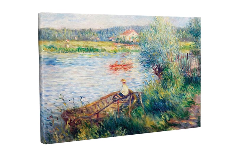 Lærredsbillede - Afslappende scene ved en sø med en person i en båd og omkringliggende grønne områder, Grøn / Blå / Beige