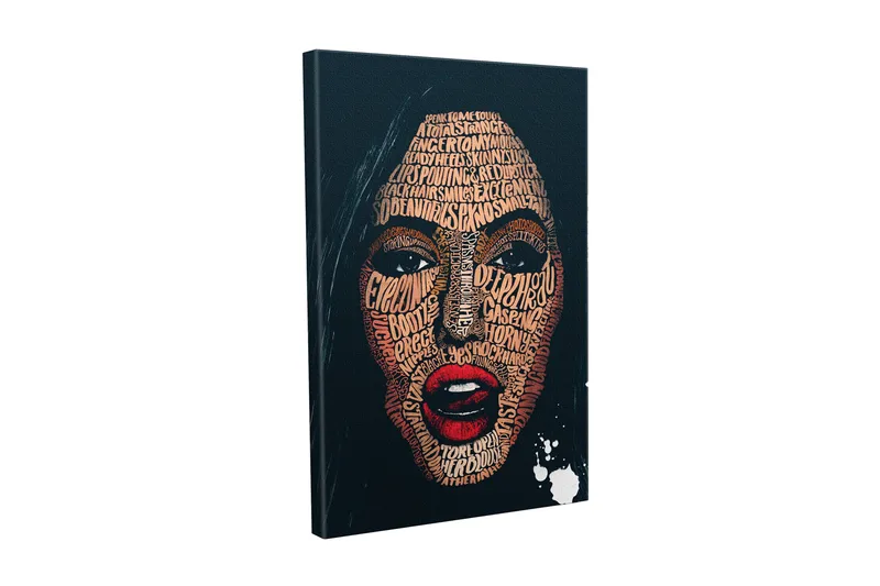 Lærredsbillede - Ansigt formet af ord og sætninger i forskellige nuancer, Mørkeblå / Brun / Rød