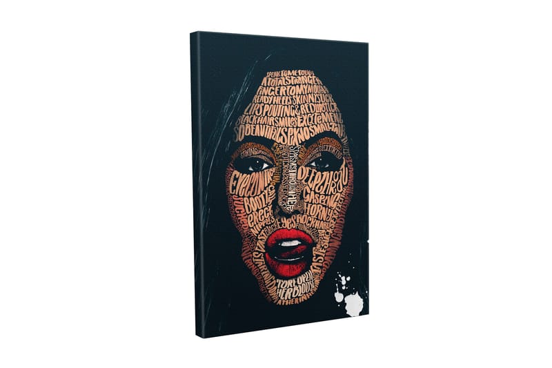 Lærredsbillede - Ansigt formet af ord og sætninger i forskellige nuancer, Mørkeblå / Brun / Rød