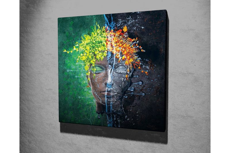 Lærredsbillede - Ansigt med blomsterkrans i kontrastfarver - Grøn / Gul / Orange - Boligtilbehør - Billeder & kunst - Billeder på lærred