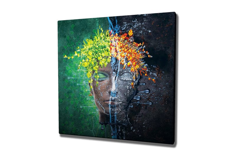 Lærredsbillede - Ansigt med blomsterkrans i kontrastfarver, Grøn / Gul / Orange