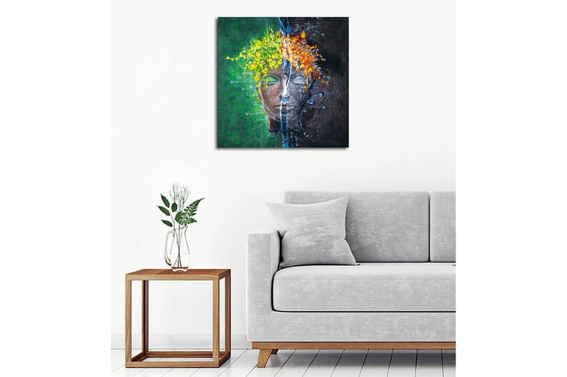 Lærredsbillede - Ansigt med blomsterkrans i kontrastfarver - Grøn / Gul / Orange - Boligtilbehør - Billeder & kunst - Billeder på lærred