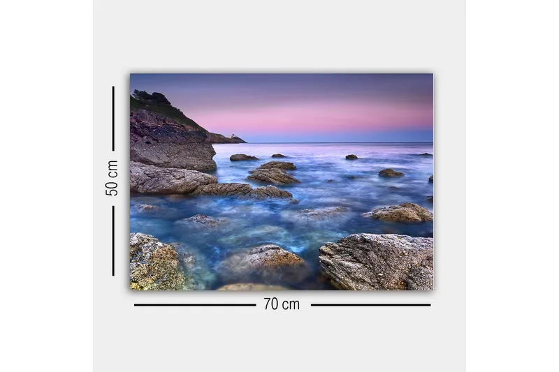 Lærredsbillede - Atmosfærisk kystlandskab med klipper og hav - Blå / Grå / Lilla - Boligtilbehør - Billeder & kunst - Billeder på lærred