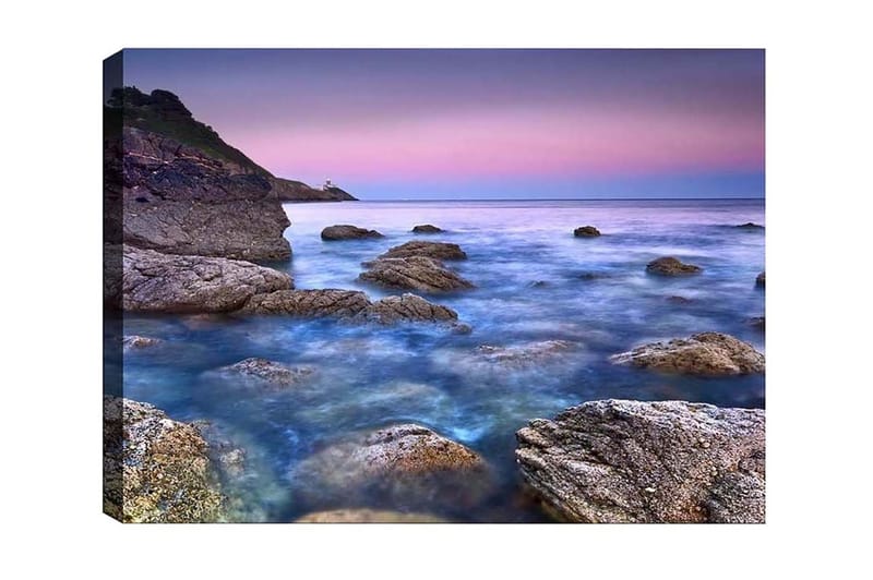 Lærredsbillede - Atmosfærisk kystlandskab med klipper og hav, Blå / Grå / Lilla