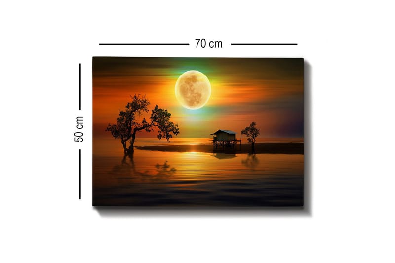Lærredsbillede - Atmosfærisk landskab med et sommerhus ved vandet under en stor fuldmåne - Orange / Blå / Grøn - Boligtilbehør - Billeder & kunst - Billeder på lærred