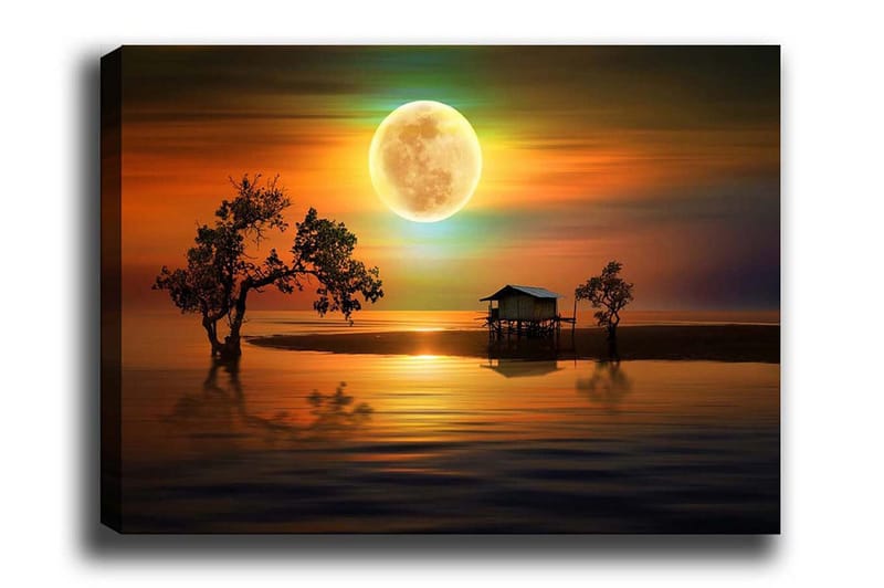 Lærredsbillede - Atmosfærisk landskab med et sommerhus ved vandet under en stor fuldmåne, Orange / Blå / Grøn