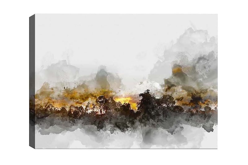 Lærredsbillede - Atmosfærisk landskabsudsigt med silhuetter af træer mod en dramatisk himmel, Grå / Brun / Sort
