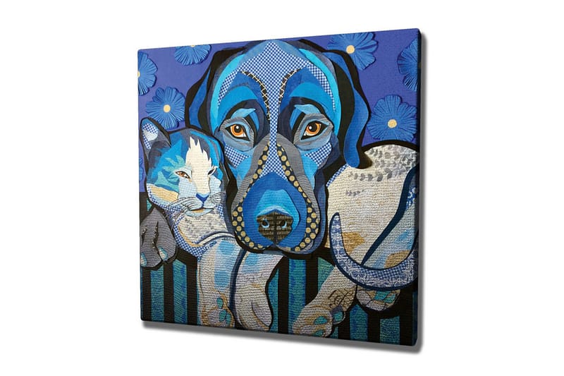 Lærredsbillede - Blå hund og kat i en legende komposition, Blå / Hvid / Sort