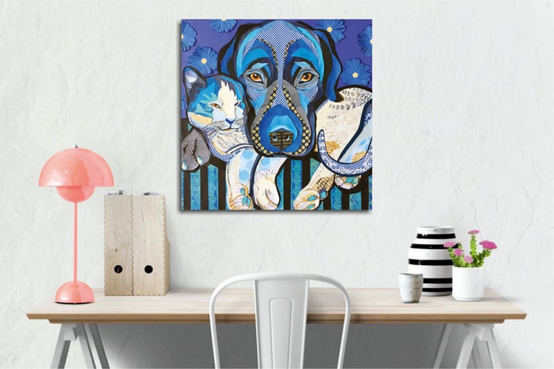 Lærredsbillede - Blå hund og kat i en legende komposition - Blå / Hvid / Sort - Boligtilbehør - Billeder & kunst - Billeder på lærred