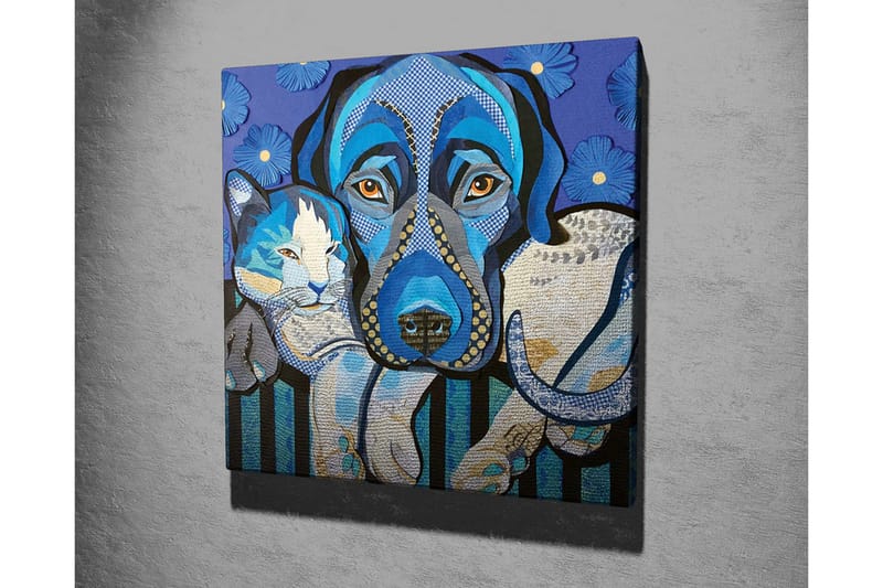 Lærredsbillede - Blå hund og kat i en legende komposition - Blå / Hvid / Sort - Boligtilbehør - Billeder & kunst - Billeder på lærred