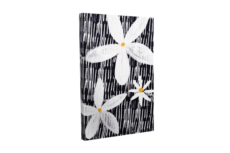 Lærredsbillede - Blomster i hvidt og gult mod en sort baggrund, Hvid / Sort / Gul