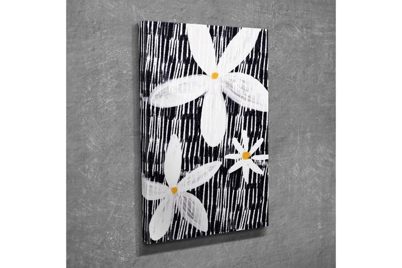 Lærredsbillede - Blomster i hvidt og gult mod en sort baggrund - Hvid / Sort / Gul - Boligtilbehør - Billeder & kunst - Billeder på lærred