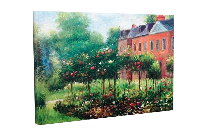 Lærredsbillede - Blomstrende have med roser og grønne buske, Grøn / Rød / Brun