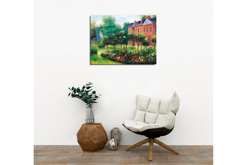 Lærredsbillede - Blomstrende have med roser og grønne buske - Grøn / Rød / Brun - Boligtilbehør - Billeder & kunst - Billeder på lærred