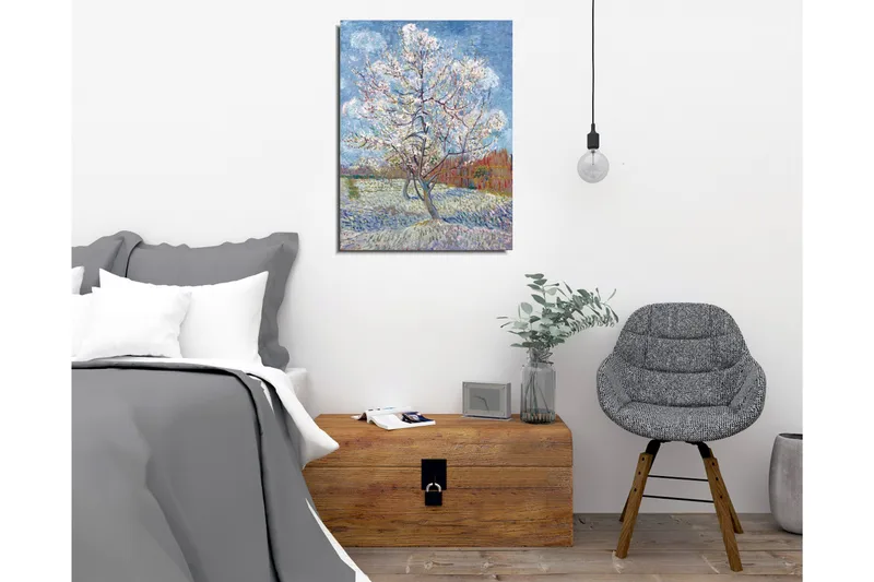 Lærredsbillede - Blomstrende kirsebærtræer i forårslandskab - Hvid / Lyseblå / Grøn - Boligtilbehør - Billeder & kunst - Billeder på lærred