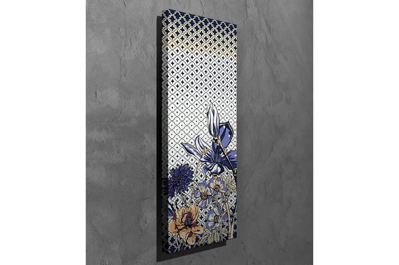 Lærredsbillede - Blomstrende komposition med stiliserede blomster i blåt og guld - Blå / Guld / Hvid - Boligtilbehør - Billeder & kunst - Billeder på lærred