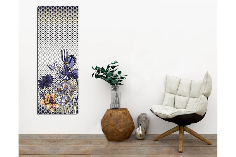 Lærredsbillede - Blomstrende komposition med stiliserede blomster i blåt og guld - Blå / Guld / Hvid - Boligtilbehør - Billeder & kunst - Billeder på lærred