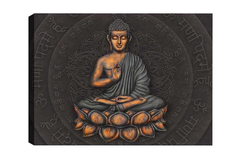 Lærredsbillede - Buddha i meditationsstilling på en lotusblomst, Grå / Orange / Sort