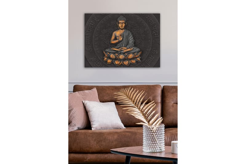Lærredsbillede - Buddha i meditationsstilling på en lotusblomst - Grå / Orange / Sort - Boligtilbehør - Billeder & kunst - Billeder på lærred