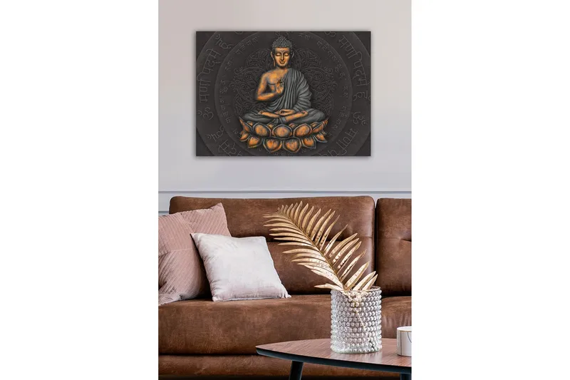 Lærredsbillede - Buddha i meditationsstilling på en lotusblomst - Grå / Orange / Sort - Boligtilbehør - Billeder & kunst - Billeder på lærred