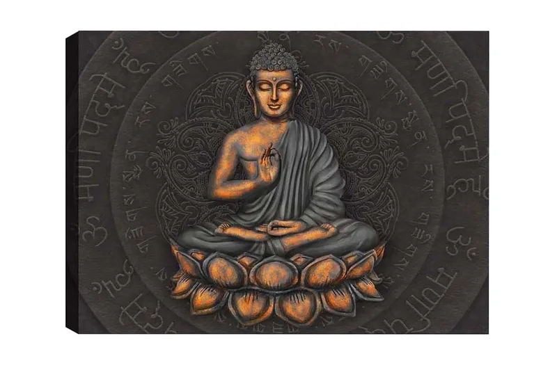 Lærredsbillede - Buddha i meditationsstilling på en lotusblomst, Grå / Orange / Sort