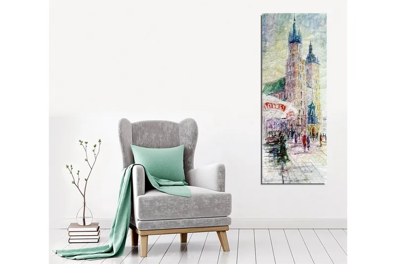 Lærredsbillede - Bybillede med historiske bygninger og mennesker i bevægelse - Lyseblå / Beige / Grøn - Boligtilbehør - Billeder & kunst - Billeder på lærred