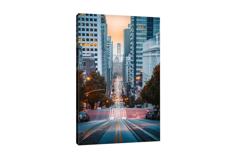 Lærredsbillede - Bygade med udsigt til en bro i baggrunden, Blå / Orange / Grå