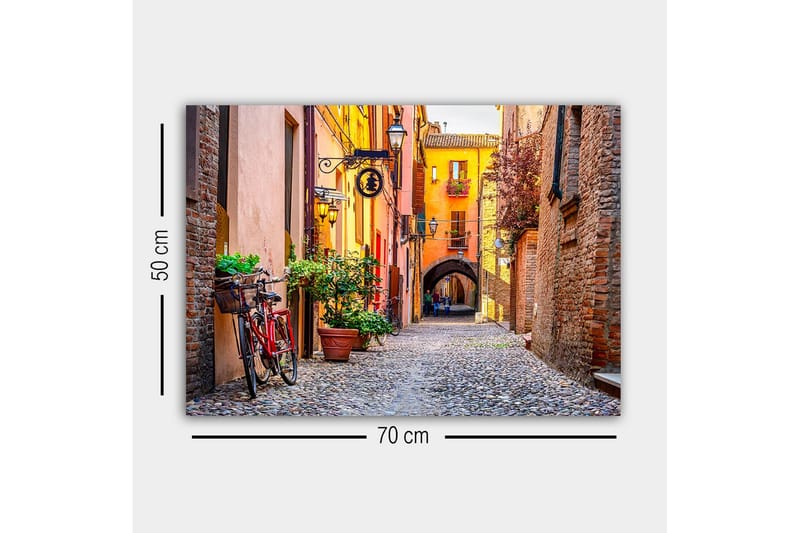 Lærredsbillede - Charmerende gade med cykel og farverige bygninger - Orange / Grøn / Rød - Boligtilbehør - Billeder & kunst - Billeder på lærred