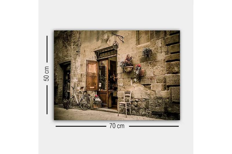 Lærredsbillede - Charmerende gadebillede med en cykel og en åben dør til en butik - Beige / Brun / Grøn - Boligtilbehør - Billeder & kunst - Billeder på lærred