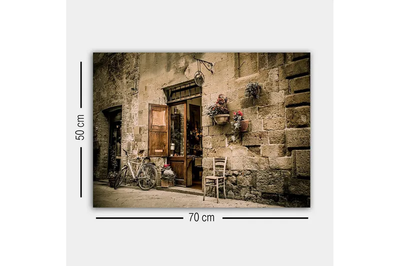 Lærredsbillede - Charmerende gadebillede med en cykel og en åben dør til en butik - Beige / Brun / Grøn - Boligtilbehør - Billeder & kunst - Billeder på lærred