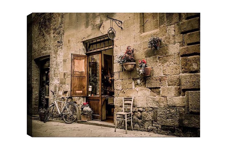 Lærredsbillede - Charmerende gadebillede med en cykel og en åben dør til en butik, Beige / Brun / Grøn