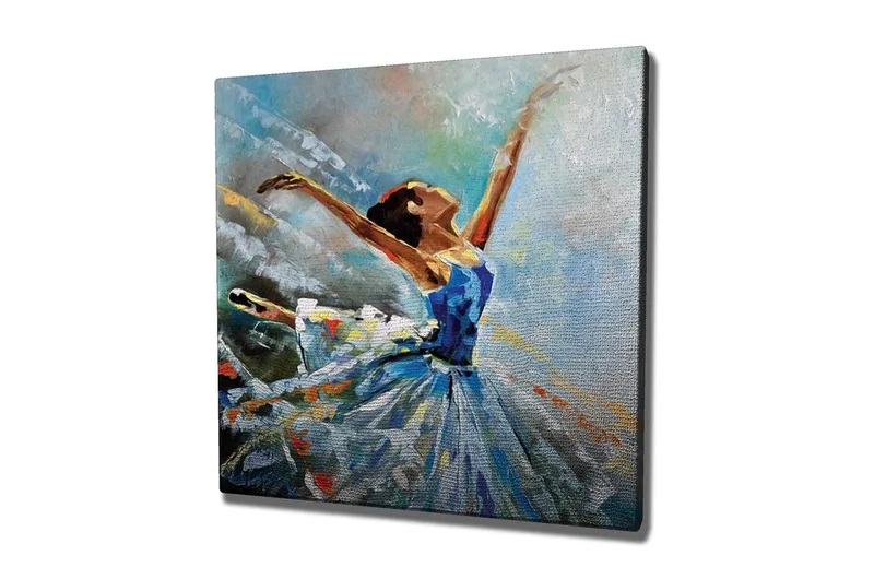 Lærredsbillede - Dansende ballerina i en blå kjole, Blå / Hvid / Orange